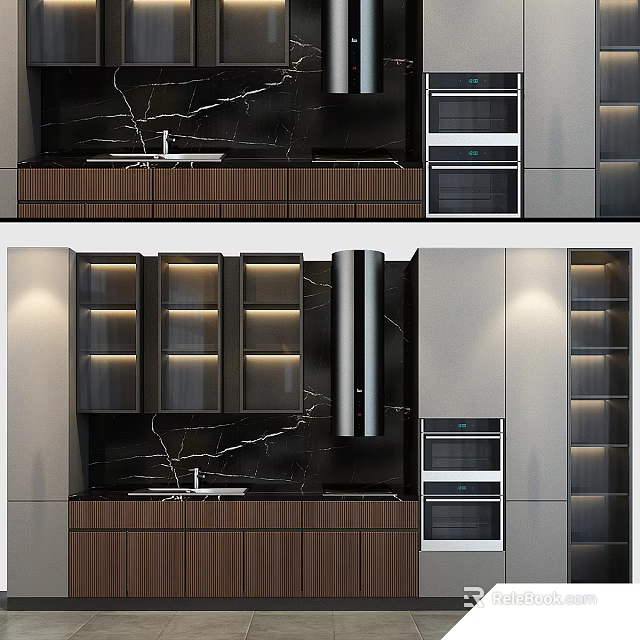 Modern Kitchen Cabinets With Marble Countertop Built-in Ovens And LED Lighting 3d model 
