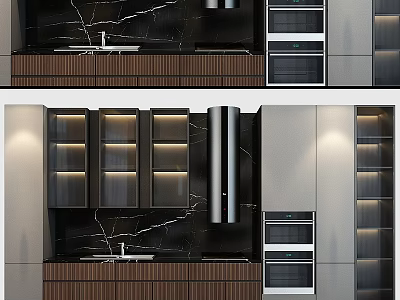 Modern Kitchen Cabinets With Marble Countertop Built-in Ovens And LED Lighting 3d model