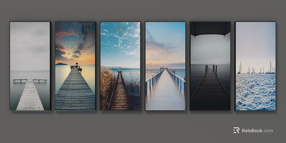 Scenic Landscape Paintings Featuring Wooden Pier Over Water With Different Sky Scenes Including Sunset 3d model 