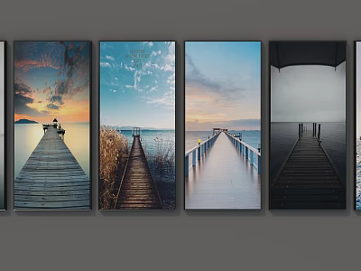 Scenic Landscape Paintings Featuring Wooden Pier Over Water With Different Sky Scenes Including Sunset 3d model