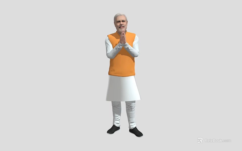 A man wearing orange vest and white outfit with hands pressed together against gray background 3d model 