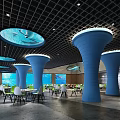Modern Ocean Themed Restaurant Featuring Hanging Dolphin Decor Green Seats And Blue Columns