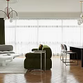 Modern Living and Dining Room Interior With Green Sofa White Coffee Table And Chandelier