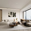 Modern Living Room With City View Light Sofas Circular Rug And Artwork 3d model