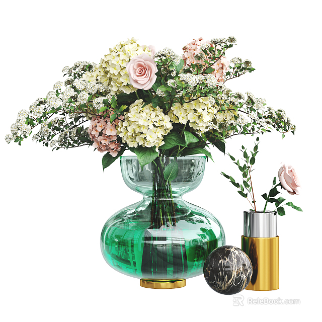 Elegant Green Glass Vase with White Pink Flowers Gold Vase and Decorative Sphere 3d model 