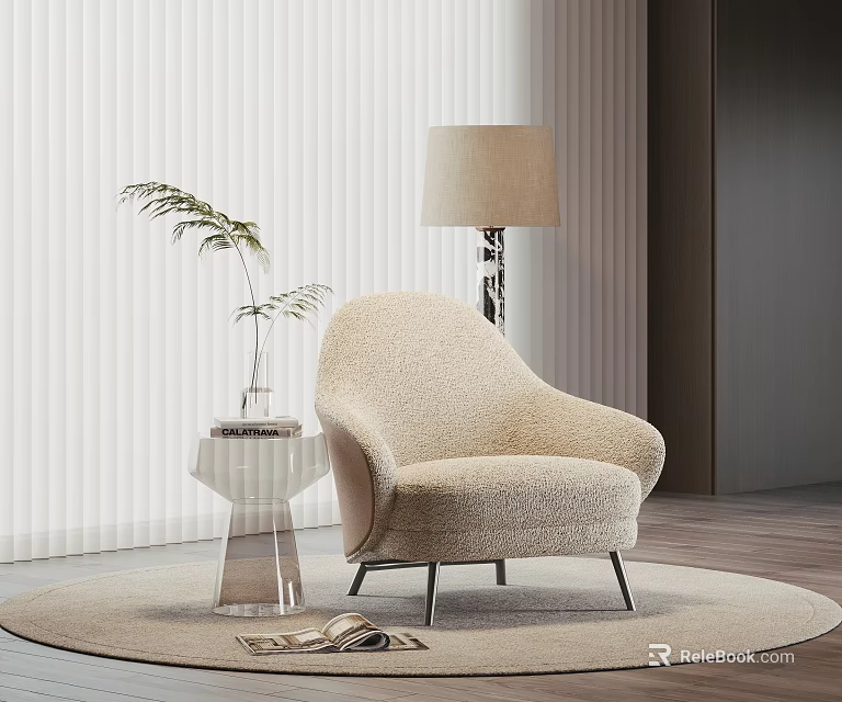 Cozy Beige Single Sofa With Transparent Side Table Green Plant Floor Lamp And Round Rug 3d model 