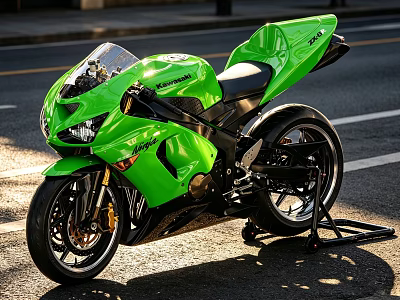 Green Kawasaki Sport Motorcycle With Sleek Body Parked On City Street 3d model