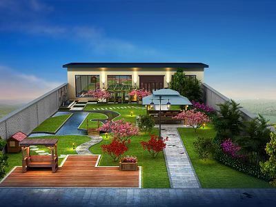Aerial View Planning of Rooftop Garden With Lawn Pathway Pavilion and Flowers 3d model