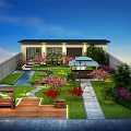 Aerial View Planning of Rooftop Garden With Lawn Pathway Pavilion and Flowers