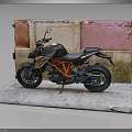 Sporty Black and Orange Motorcycle Displayed On Gray Platform With Red Pink Wall Background
