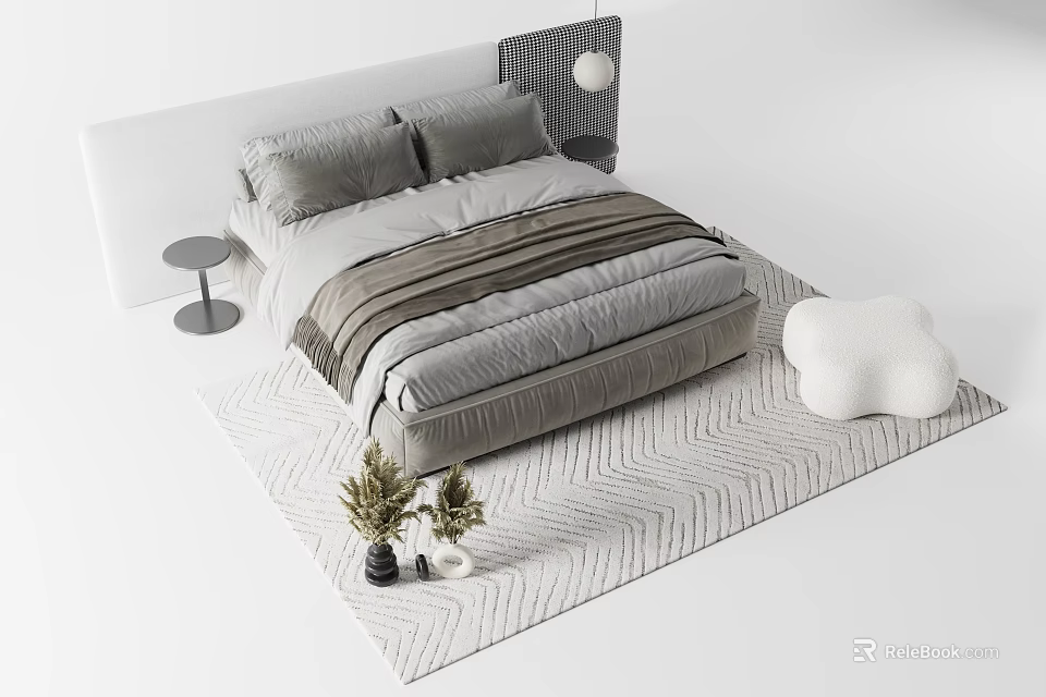 Modern Double Bed With Striped Quilt Woven Rug Green Plants And Cloud Cushion 3d model 