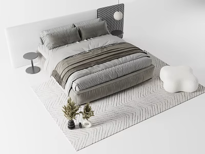 Modern Double Bed With Striped Quilt Woven Rug Green Plants And Cloud Cushion 3d model