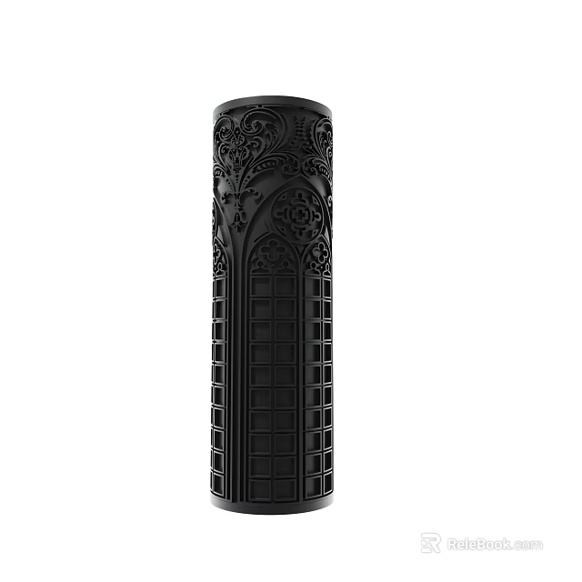 Black Decorative Column With Intricate Carvings And Grid Pattern Design 3d model