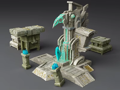 Cartoon Scene With Ancient Stone Central Tower Glowing Blue Elements And Stone Platforms 3d model