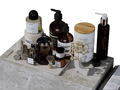 Modern Bathroom Set With Marble Countertop Bath Product Bottles Rolled Towels And Dried Flowers 3d model
