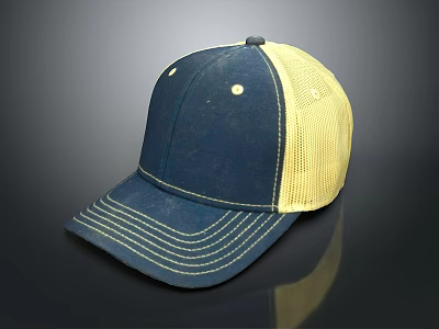 Casual Navy Blue Front Yellow Mesh Back Baseball Cap With White Stitched Brim 3d model