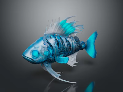 Blue Transparent Mechanical Fish Model With Detailed Tech Structure And Shiny Surface 3d model