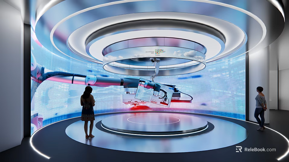 Tech Exhibition Hall Featuring Modern Design Curved Screens And Robotic Arm Display With Female Visitor 3d model 