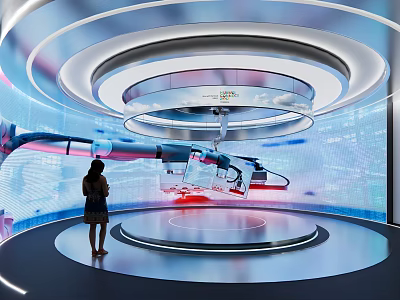 Tech Exhibition Hall Featuring Modern Design Curved Screens And Robotic Arm Display With Female Visitor 3d model