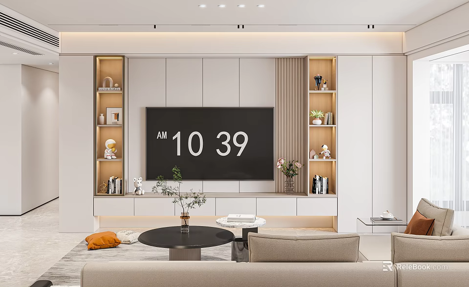 Modern Minimalist Living Room Interior With TV Wall Bookshelves Sofa And Coffee Table Decor 3d model 