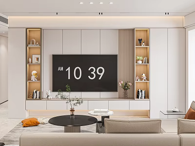 Modern Minimalist Living Room Interior With TV Wall Bookshelves Sofa And Coffee Table Decor 3d model
