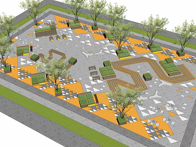 Urban Public Square Design With Geometric Patterned Pavement Trees And Green Rest Areas 3d model
