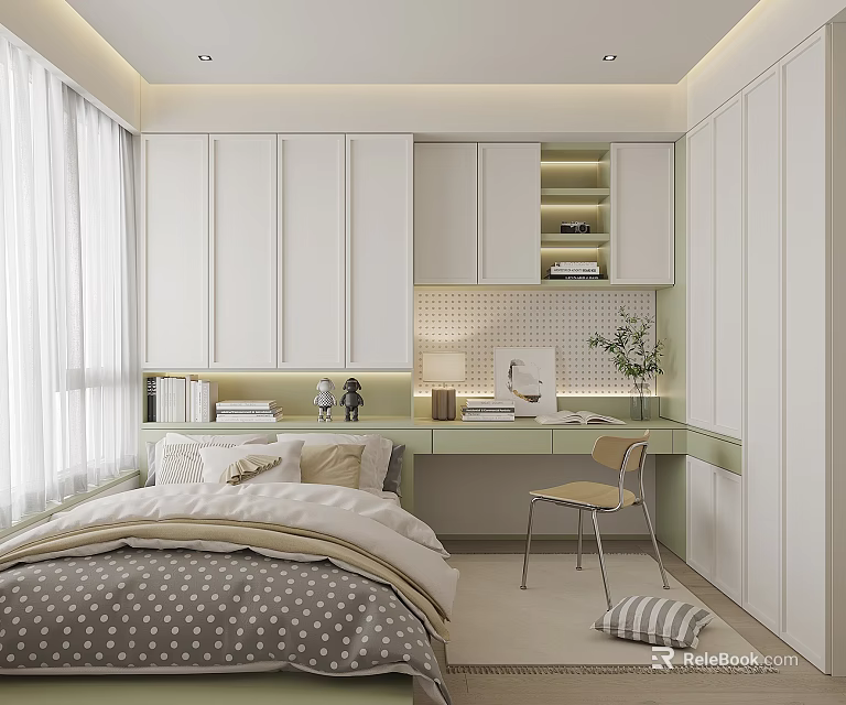 Modern Minimalist Tatami Bedroom Interior Design With White Cabinets Open Shelves Desk And Natural Light 3d model 
