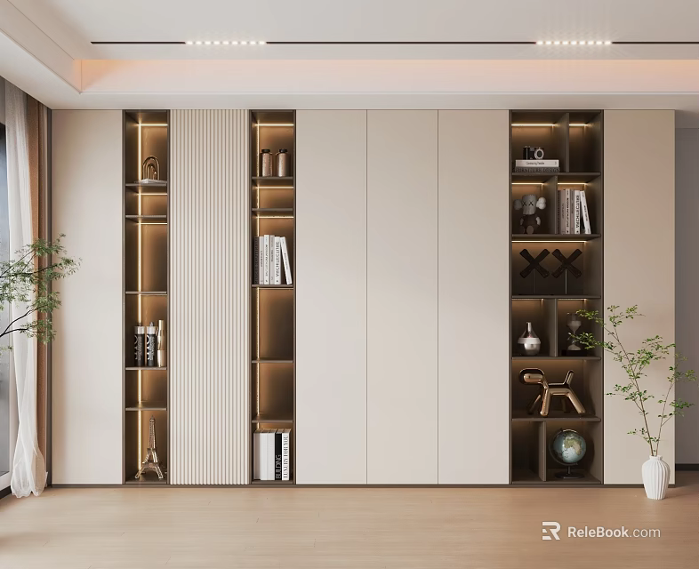 Modern Minimalist Bookcase With Open Shelves LED Lighting And Decorative Objects 3d model 