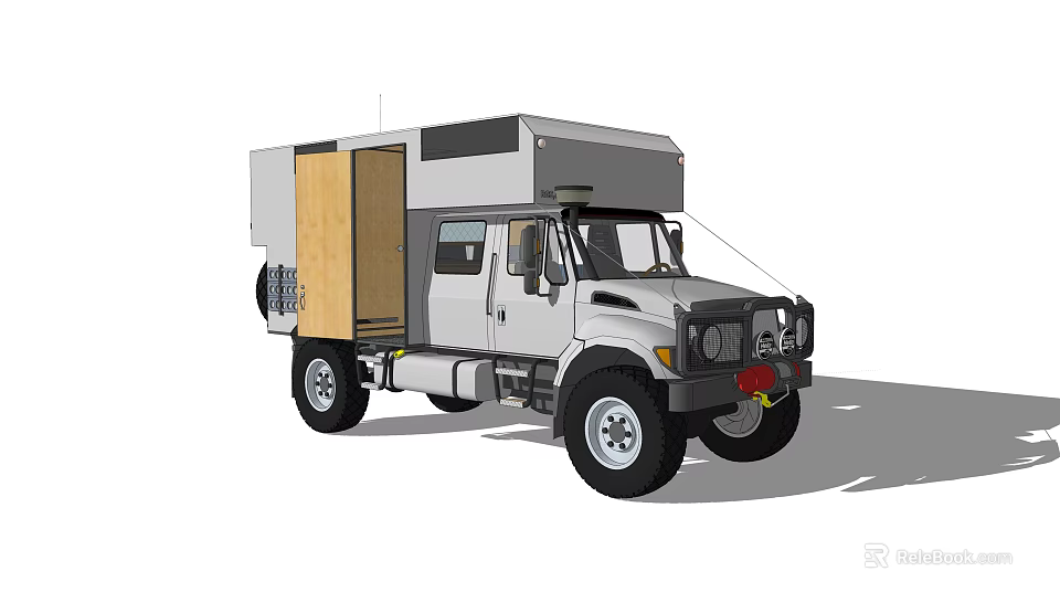 White Camper Truck Exterior With Wooden Door And Roof Section Design 3d model 