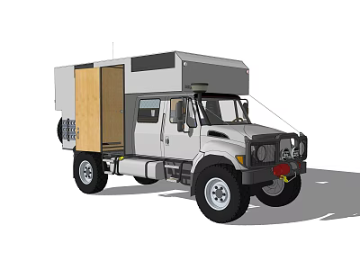 White Camper Truck Exterior With Wooden Door And Roof Section Design 3d model