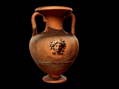 Decorative Ornament Set Featuring Terracotta Vase With Two Handles And Medusa Head Relief 3d model