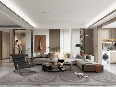 Modern Living and Dining Room Interior Design With Sofa Coffee Table Bookshelf And Floor Lamp 3d model