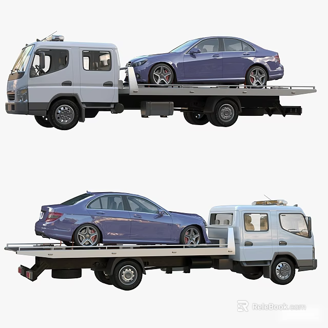 Blue Car Being Towed by White Tow Truck on Flatbed Trailer 3d model 