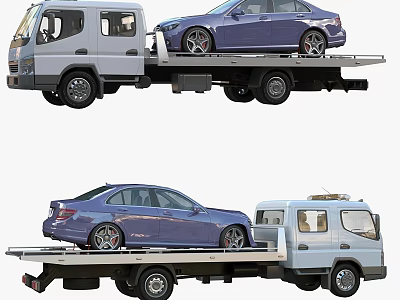 Blue Car Being Towed by White Tow Truck on Flatbed Trailer 3d model