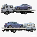 Blue Car Being Towed by White Tow Truck on Flatbed Trailer