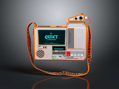 Orange And White Portable Audio Device With QUIET Screen Branded Strap Buttons And Speaker 3d model
