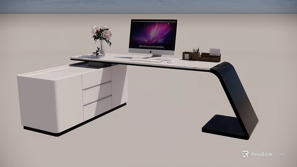 Modern Office Desk With Computer Monitor Flower Vase And Drawer Cabinet Design 3d model 
