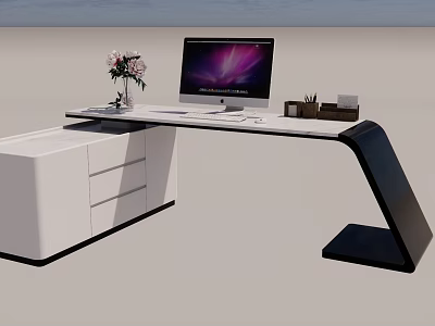 Modern Office Desk With Computer Monitor Flower Vase And Drawer Cabinet Design 3d model