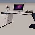 Modern Office Desk With Computer Monitor Flower Vase And Drawer Cabinet Design