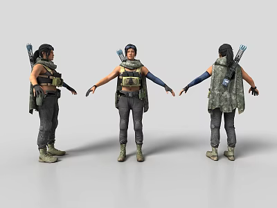 Female Character 3D Model With Tactical Vest Arm Guards And Backpack From Three Angles 3d model