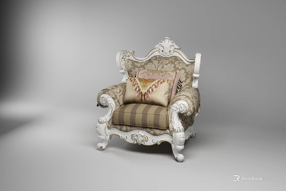 Ornate Single Seater Sofa With White Carved Armrests Floral Fabric And Decorative Pillows 3d model 