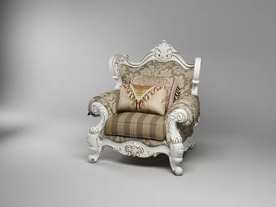 Ornate Single Seater Sofa With White Carved Armrests Floral Fabric And Decorative Pillows 3d model