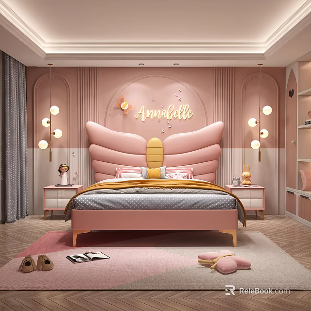Pink Themed Kids Bedroom With Butterfly Headboard And Lights 3d model 