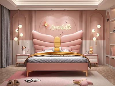Pink Themed Kids Bedroom With Butterfly Headboard And Lights 3d model
