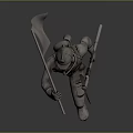Detailed Silver Armored Warrior Character Holding Large Sword And Gun