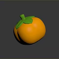 Vibrant Orange Persimmon With Fresh Green Leaves On Dark Shiny Background