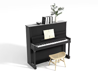 Black Upright Piano With Open Music Book Wooden Stool Books And Potted Plant 3d model