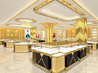 Elegant Luxurious Jewelry Store Interior With Golden Decor Glass Display Counters And Chandeliers 3d model