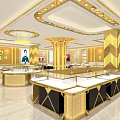 Elegant Luxurious Jewelry Store Interior With Golden Decor Glass Display Counters And Chandeliers