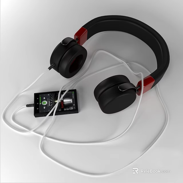 Black and Red Over Ear Headphones with White Cable and Audio Player Device 3d model 
